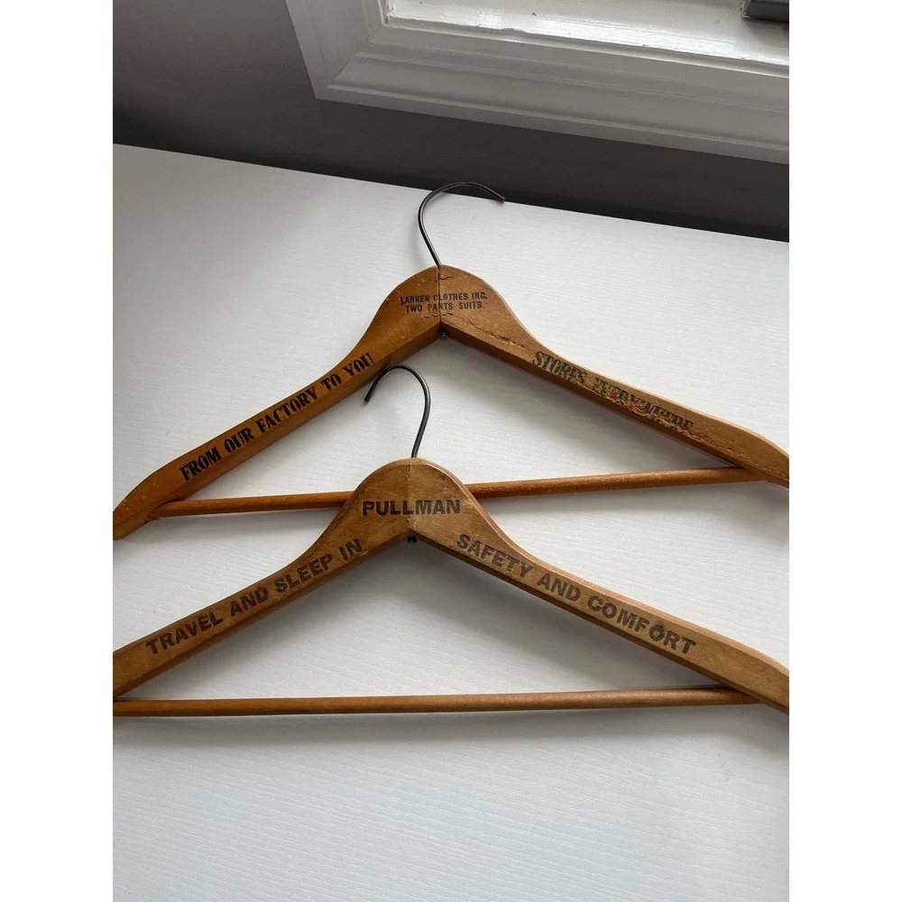 MCM Vintage Pullman &‎ Larken Clothes Wooden Suit Hangers Advertising Set of 2
